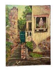 Vtg 1976 Signed Painting European Street Alley Scene Mid Century Colorful