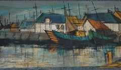 Mid Century Original Painting Harbor Scene W Boats Buildings Water Signed Garey