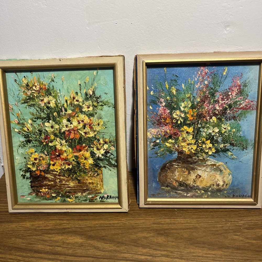 Two Small Vintage Original Oil Painting Wildflowers Still Life On Board Sign.