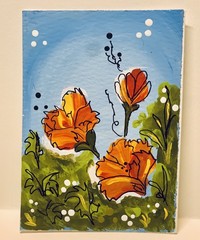 Original ACEO ATC Acrylic Painting OOAK Orange Poppies Floral Miniature Art
