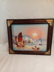 8 3/8 x 10″ Oil on Board Sunset, Hong Kong Junk Boat Vintage Painting