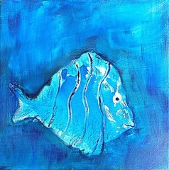 Original Tropical Fish Painting 10×10 Acrylic Canvas Blue Aqua Signed