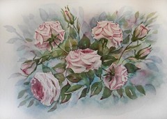 Vintage Floral Landscape Original Artwork Painting Flowers PINK ROSE Art Gift A4