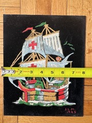 Vtg Black Velvet Painting Tall Ship Water Scene 8 X 10” Signed Dated 1965