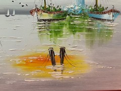 Ol Painting 20×24 Rainbow Sailboats in black and White Sea, seagulls,gray clouds