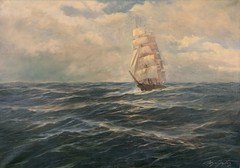 EDGAR FREYBERG Signed Vtg cMid-Lt 1960s Orig Painting TALL SHIP ON CHOPPY SEA
