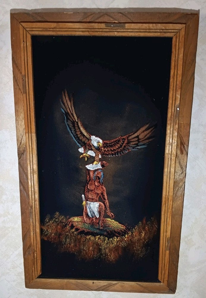 Vintage Velvet Painting of American Indian and bald Eagle Framed