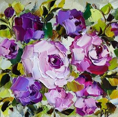 original oil painting Rose Purple Pink Flowers Impasto Floral small art 6*6 inch