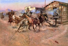 Oil painting Smoke-of-a-45-1908-Charles-Marion-Russell-Oil-Painting horse cowboy