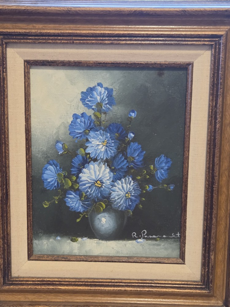 Roy Pasanault Floral Oil Painting Still Life Blue Mums in Vase Signed