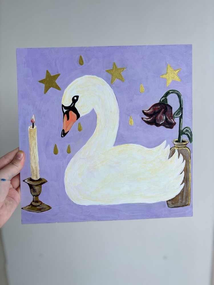 Original Swan Painting 12×12 Acrylic on Panel Folk Art Celestial Purple Unframed