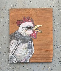 original painting, chicken on plywood. barn/coop art. mms 2022 16”x20”