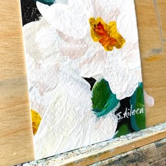 ACEO Original Floral Painting White Wild Roses Green Background Signed 2.5×3.5″