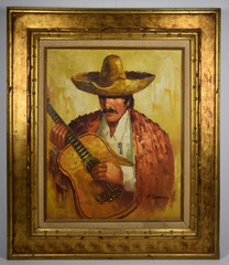 Vintage Painting Mexican Musician Playing Guitar Sombrero Mariachi Band Signed