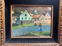Robert Peet Hooks Signed Oil Painting Village Woman Houses Folk Art Framed 15×13