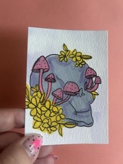 Aceo Original Painting Sawyer Crane Art- Skull Floral Mushroom Celestial Witchy