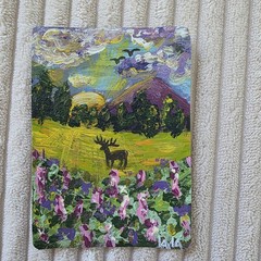 ORIGINAL ACEO Folk Art Painting Landscape Deer Sunset Mountains Meadow Field