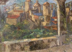 1950’s LRG Mid century Modern Abstract Cityscape Oil Painting Signed 35 x 29 in
