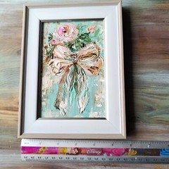 Original Oil Painting Pink Bow and Rose Art Miniature Signed Art 6×4 in