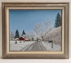 William Tompkins Rural Winter Landscape W/ Red Barn Oil Painting 22X26