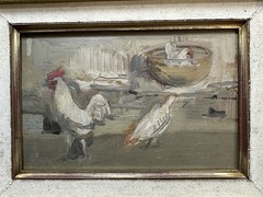 French School Oil Painting on Panel, Chestnut Wood, “The Rooster and Hens”