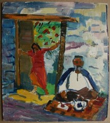 Ukrainian Soviet Oil Painting figure woman man tea ceremony Central Asia