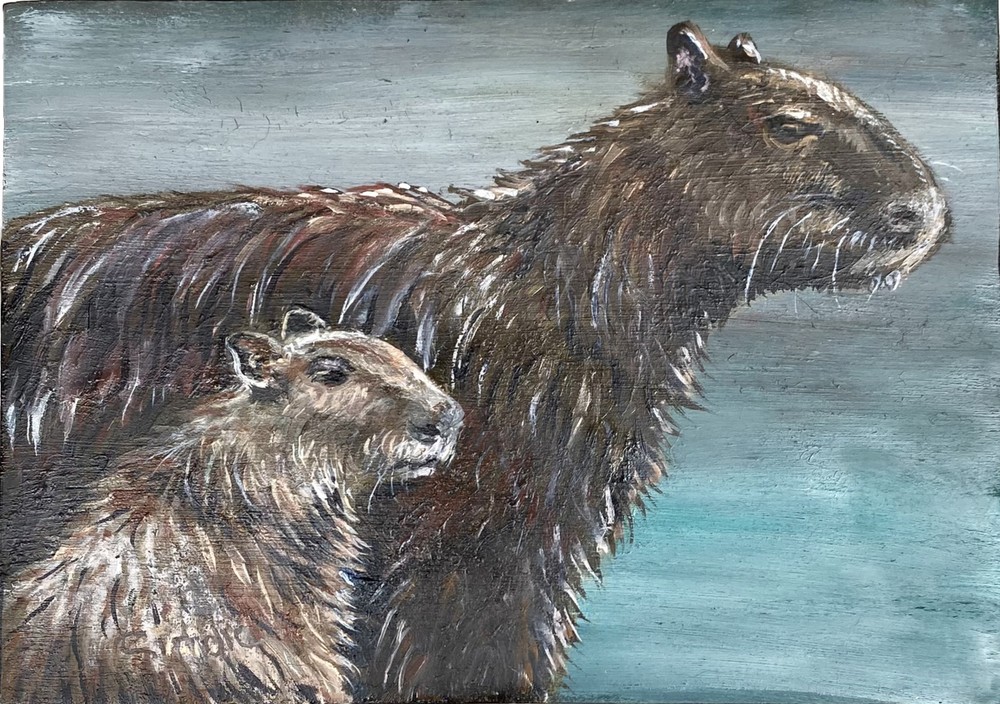 Oil Painting Of Wet Capybaras On Wooden Plaque OOAK Original 6.75 X 4.75 Inches