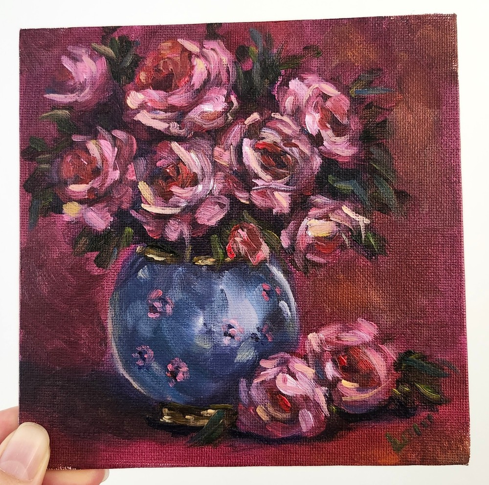 Blue Vase Roses Original Oil Painting 6×6, Moody Floral Still Life, Signed OOAK