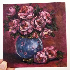 Blue Vase Roses Original Oil Painting 6×6, Moody Floral Still Life, Signed OOAK