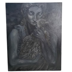 Original Grayscale Oil Painting Woman with Bird Vulture Monochrome Art BLK 16×20