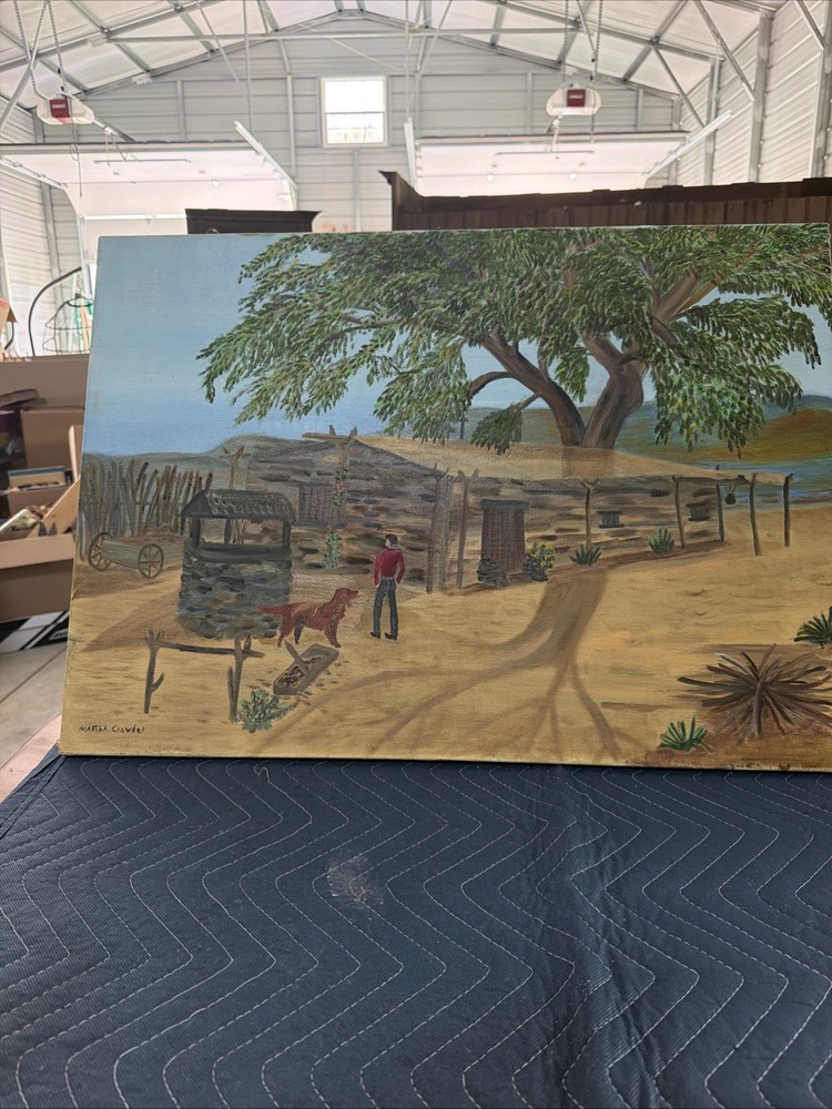 Original Signed Martha Crowder Folk Art Ranch Landscape Oil Painting