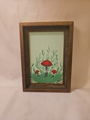 Vtg Cottagecore Wild Fly Agaric Mushroom Mini Painting Signed Framed Art