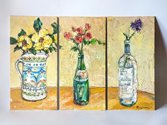 Original Textured Floral Still Life Triptych Oil Painting 3 Canvas panel 16×8″