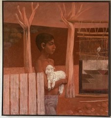 RICHARD HAINES VINTAGE MODERN NAVAJO BOY SOUTHWEST LANDSCAPE OIL PAINTING 1972