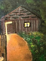 Original Artist Signed R Montanez Oil Painting Landscape Outhouse Latin-American
