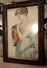 Neo classical Greek Influence 1900s water color Goddess w Ewer framed w glass