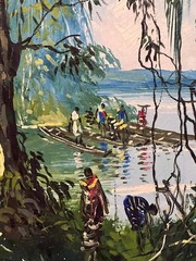 Vintage Original African Art Jungle Forest Landscape Painting Trees People River