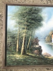 H. Wilson Oil Painting Water Mill Forest 24×36 Watermill on River