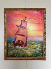 Original Oil Painting on Canvas by Serg Graff, „Ship“ Sunset Sea Ocean, COA