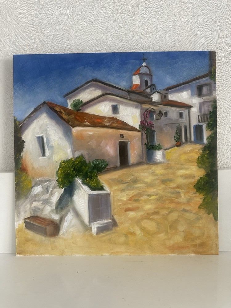 original oil painting, Italian mountain village,Wall Art, 35x35cm,Cityscape