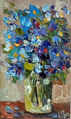 Blooming Flowers Blue Wildflower Painting Original Floral Oil Impasto Art Signed