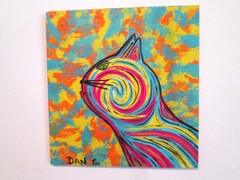 Outsider Folk art original painting on wood Psychedelic Cat Dan C #Dancfolkart