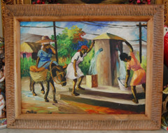 VTG 1969 FRAMED ORIGINAL HAITIAN FOLK ART WOMEN AT WELL ARTIST: FRITZNER DELUY
