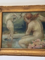 Antique Painting Drawing Women Bathing Nature Female Model Woman Landscape