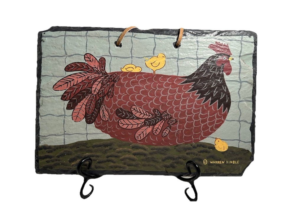 Handmade Warren Kimble Vintage Chicken Painting Slate Farm Traditional Folk Art