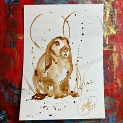 ORIGINAL Coffee Bunny Painting Lop Ear Rabbit art real Java decor artwork USA