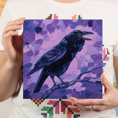 Raven Oil Painting Original – Purple Crow Wall Art – Dark Gothic Black Bird Art