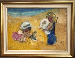 VTG Orig Modern Impressionist O/C „Children on the Beach“ Attrib. Estera Nanassy