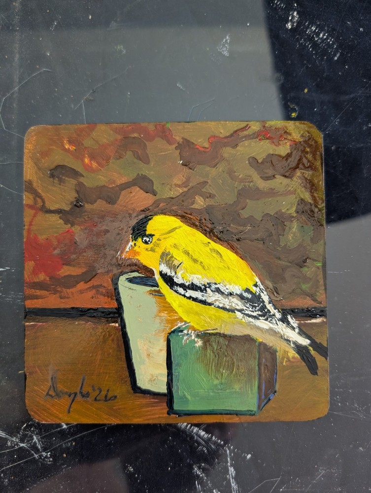 Original Artwork Miniature Oil Painting For Wall Or Mug Coaster, Goldfinch