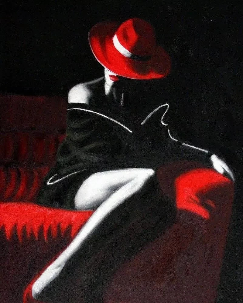 MQ1167 100% Handmade Painted Girl With Red Hat On Sofa Oil Painting Canvas Art